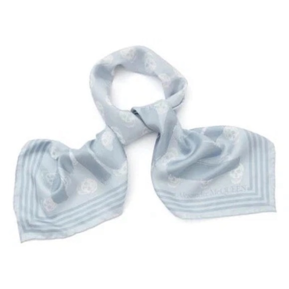 Alexander McQueen Graffiti Logo Skull Print Silk Biker Scarf Sky Blue NWT - Picture 2 of 5